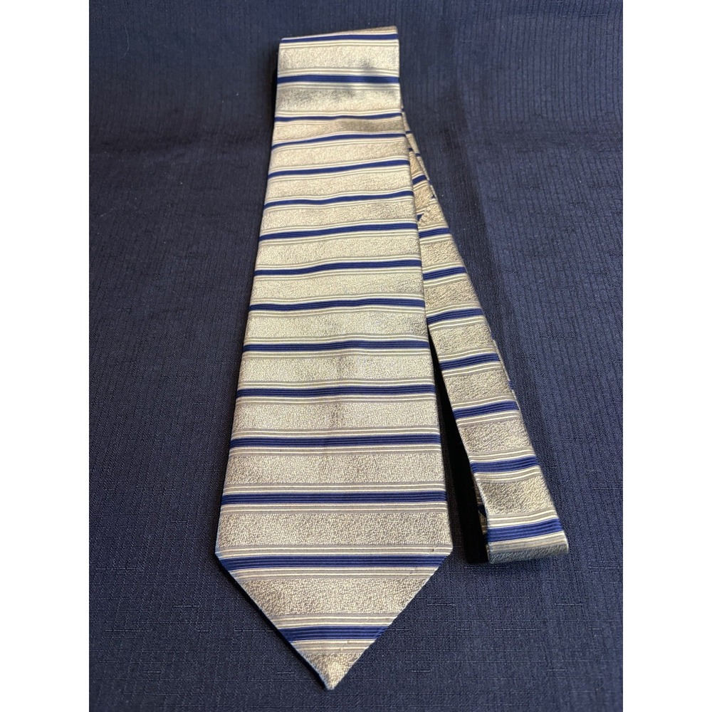 Chas Reed & Co Mens Tie 100% Silk Gold Navy Blue Geometric Stripe 60x4 Designer